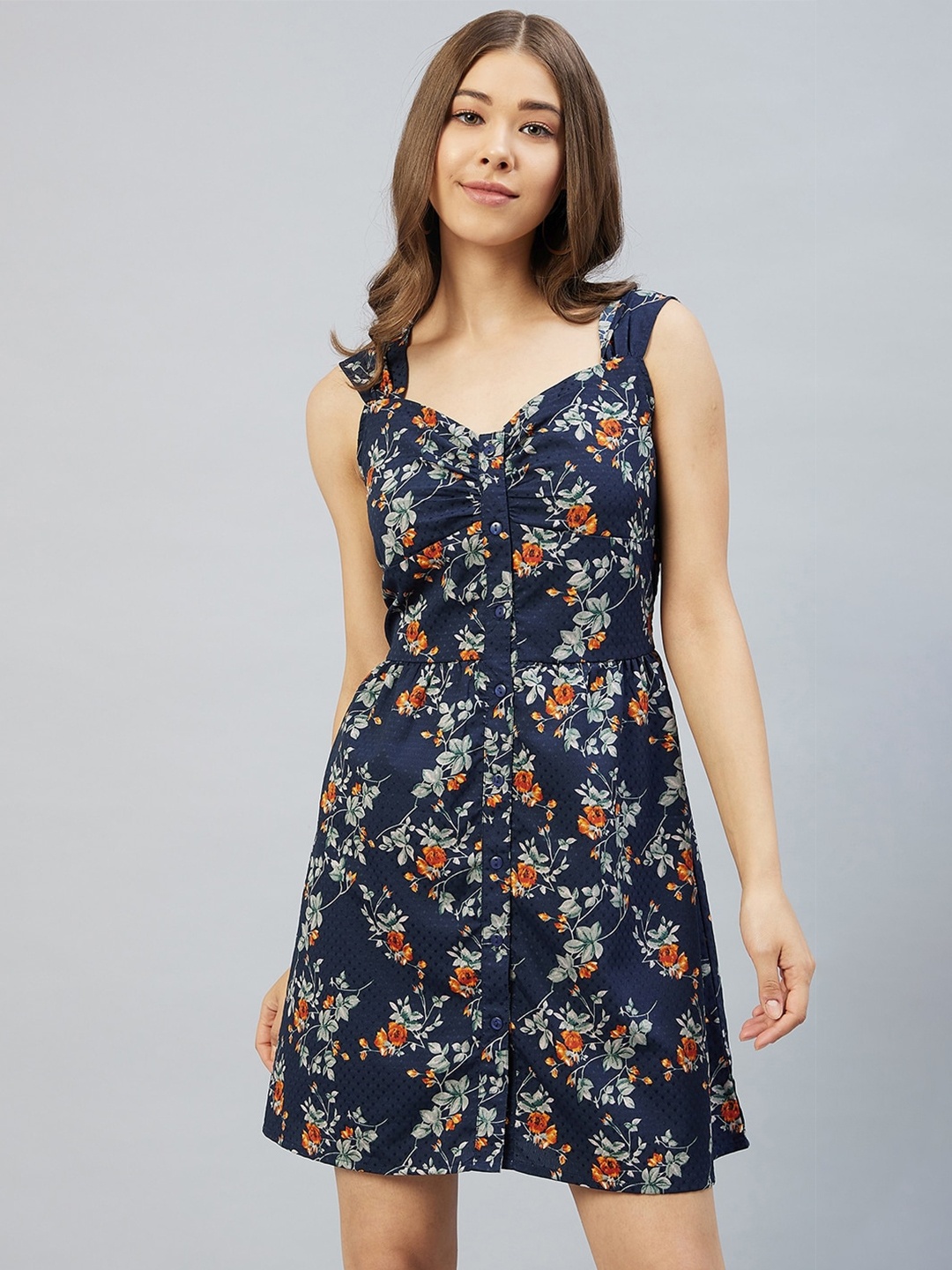 

RARE Navy Blue Floral Crepe A-Line Dress