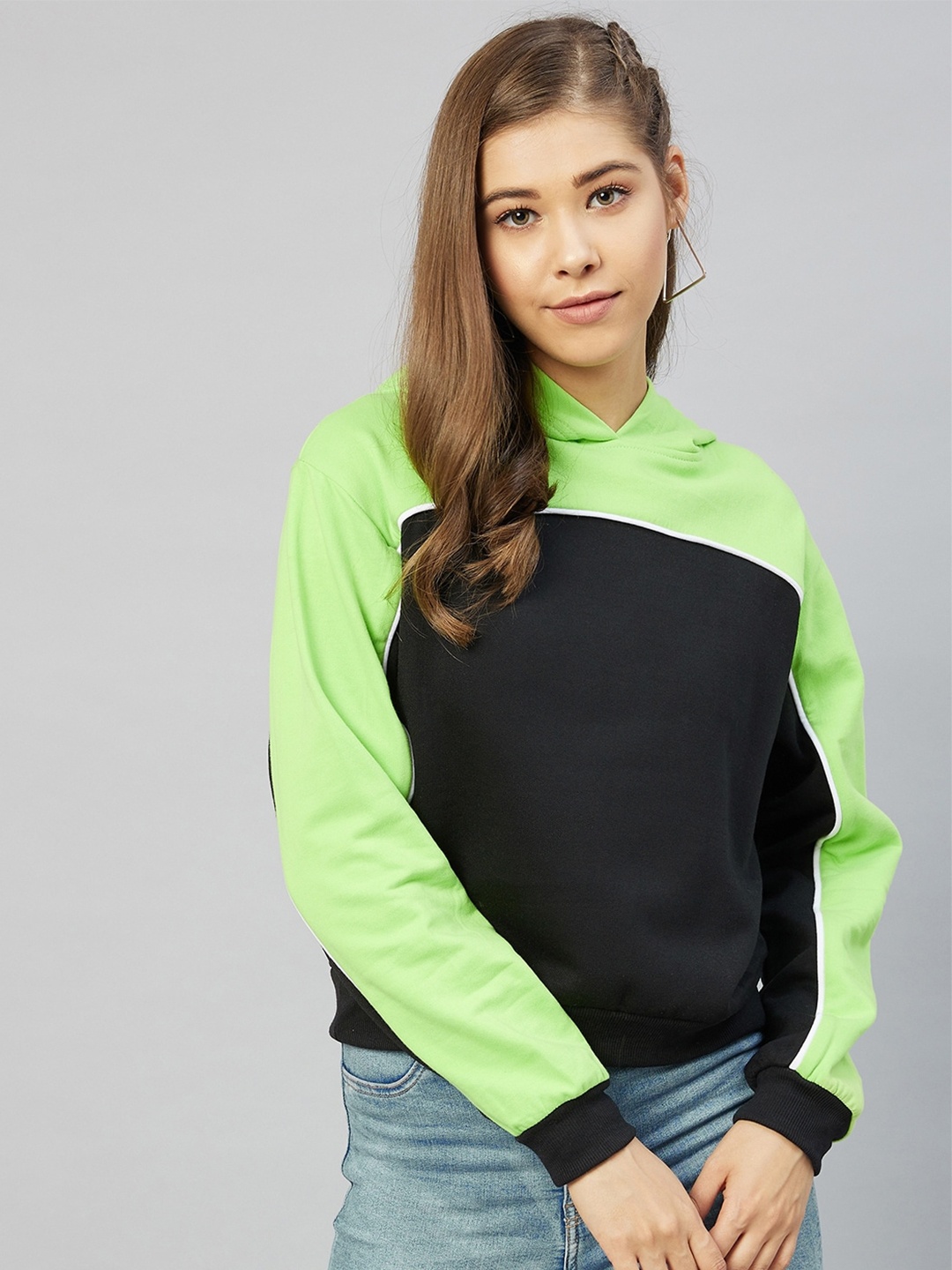 

RARE Women Fluorescent Green Colourblocked Hooded Sweatshirt