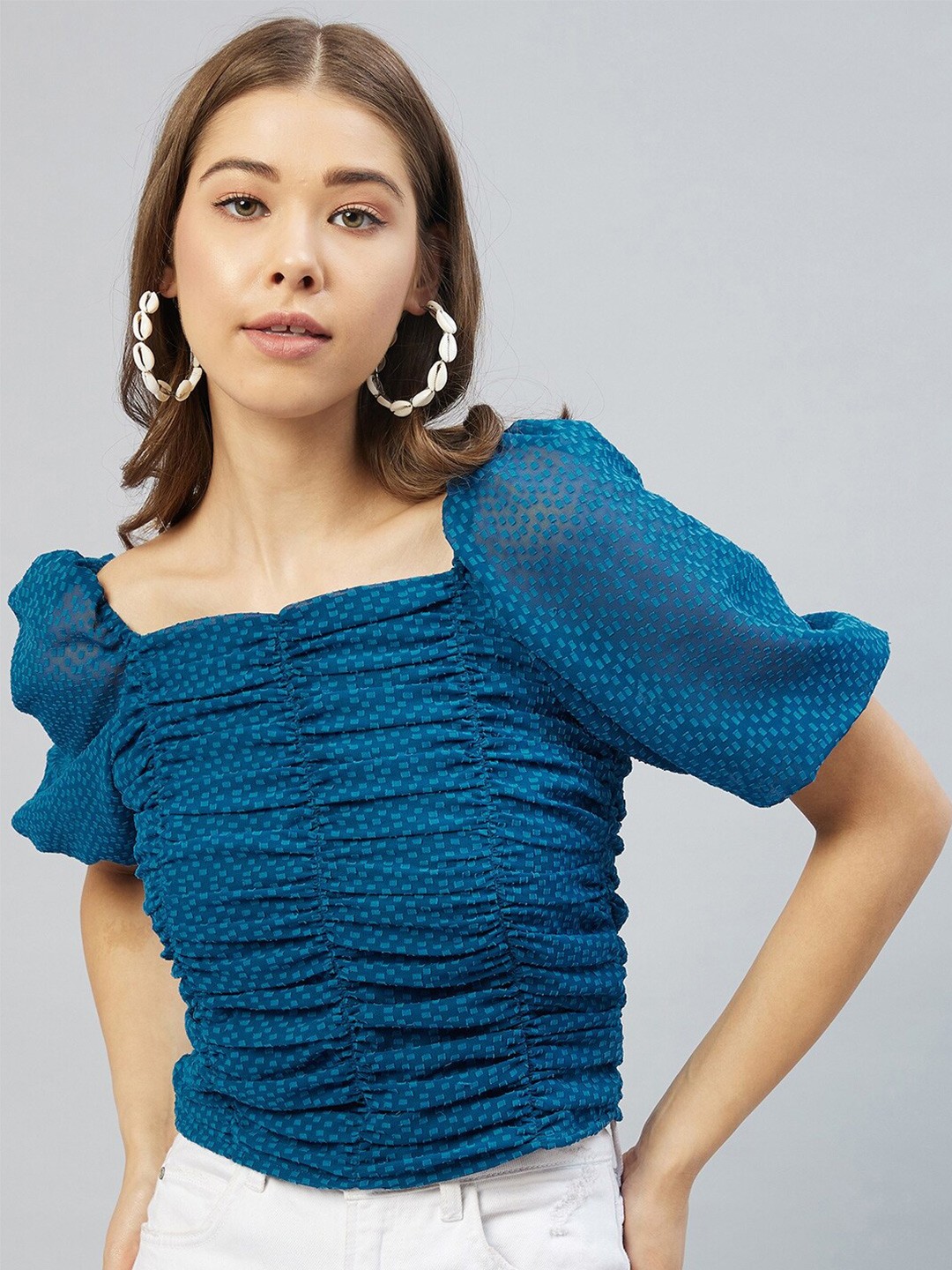 

RARE Women Teal Self Design Regular Crop Top