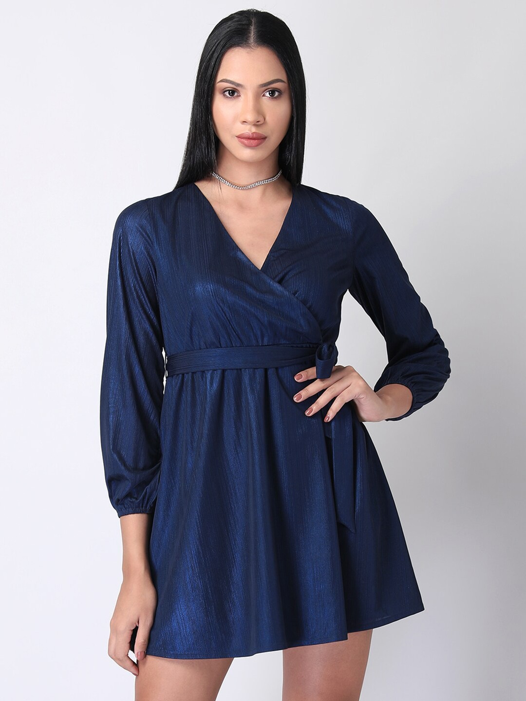 

FabAlley Navy Blue Solid Wrap Dress