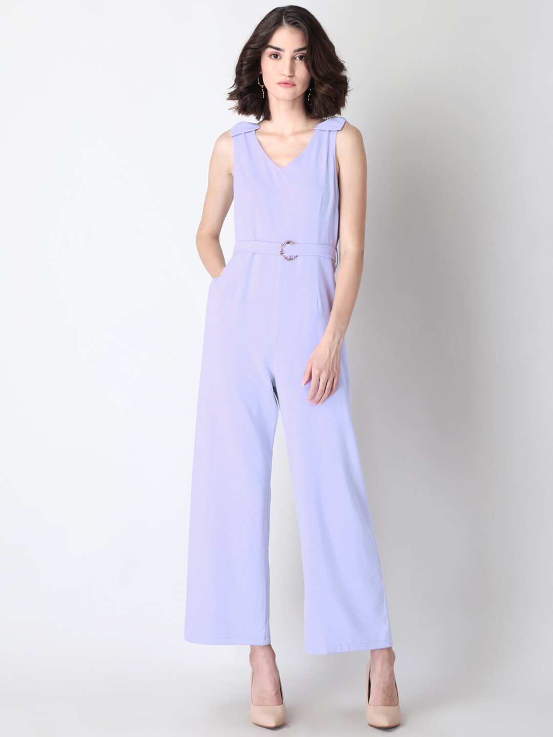 

FabAlley Purple Solid V-neck Basic Jumpsuit
