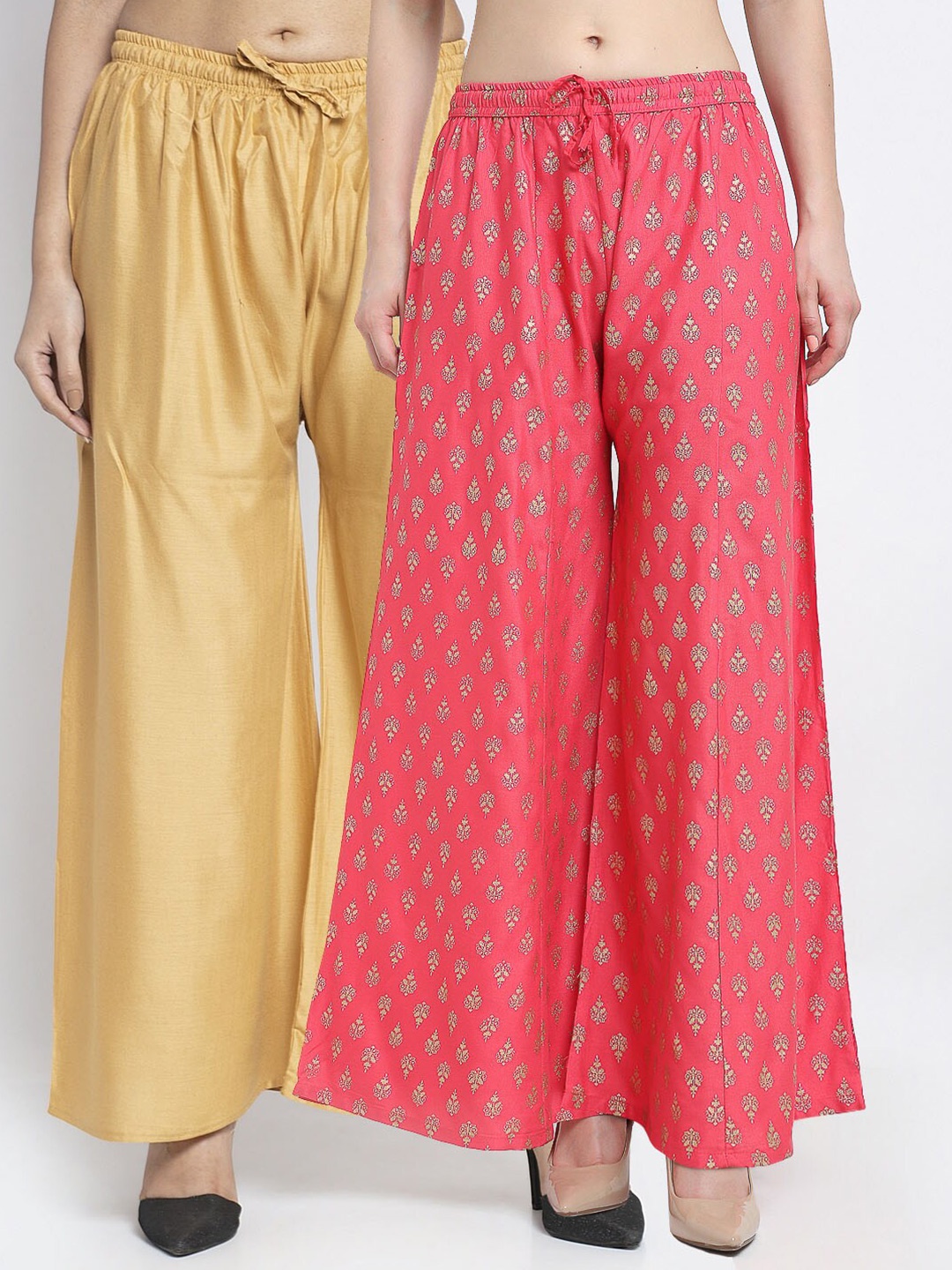 

GRACIT Women Beige & Pink Set Of 2 Printed Flared Knitted Palazzos
