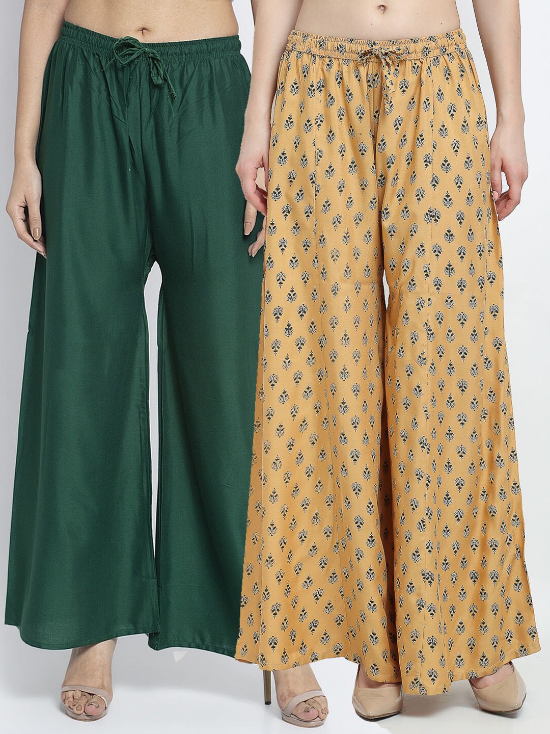 

GRACIT Women Pack Of 2 Green & Gold-Toned Printed Flared Knitted Ethnic Palazzos