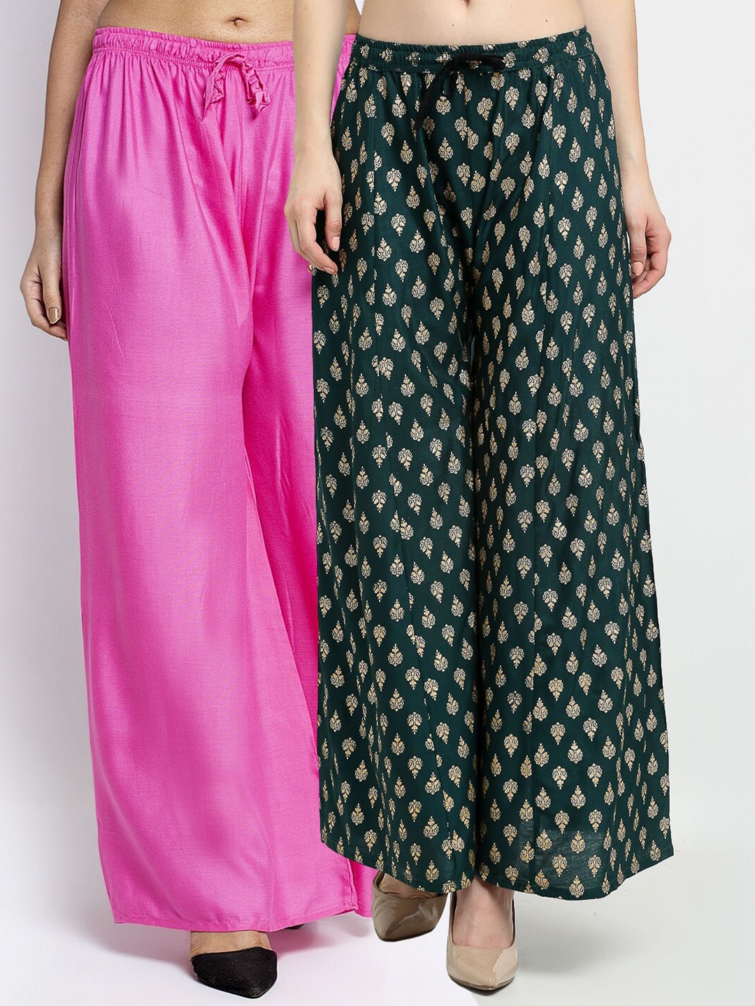 

GRACIT Women Set of 2 Pink & Green Flared Knitted Ethnic Palazzos