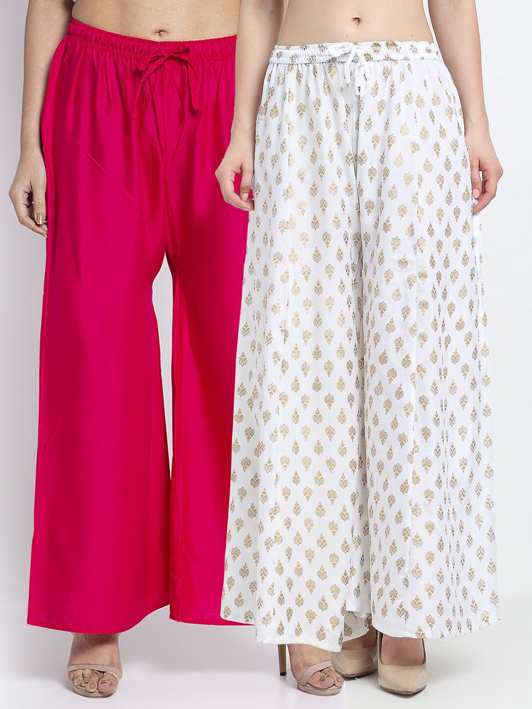 

GRACIT Women Pink & White 2 Ethnic Motifs Printed Flared Ethnic Palazzos