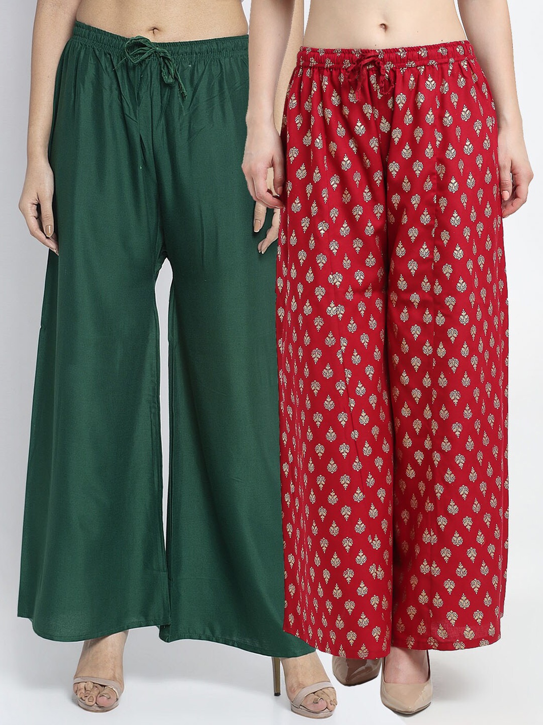 

GRACIT Women Set of 2 Flared Knitted Ethnic Palazzos, Green
