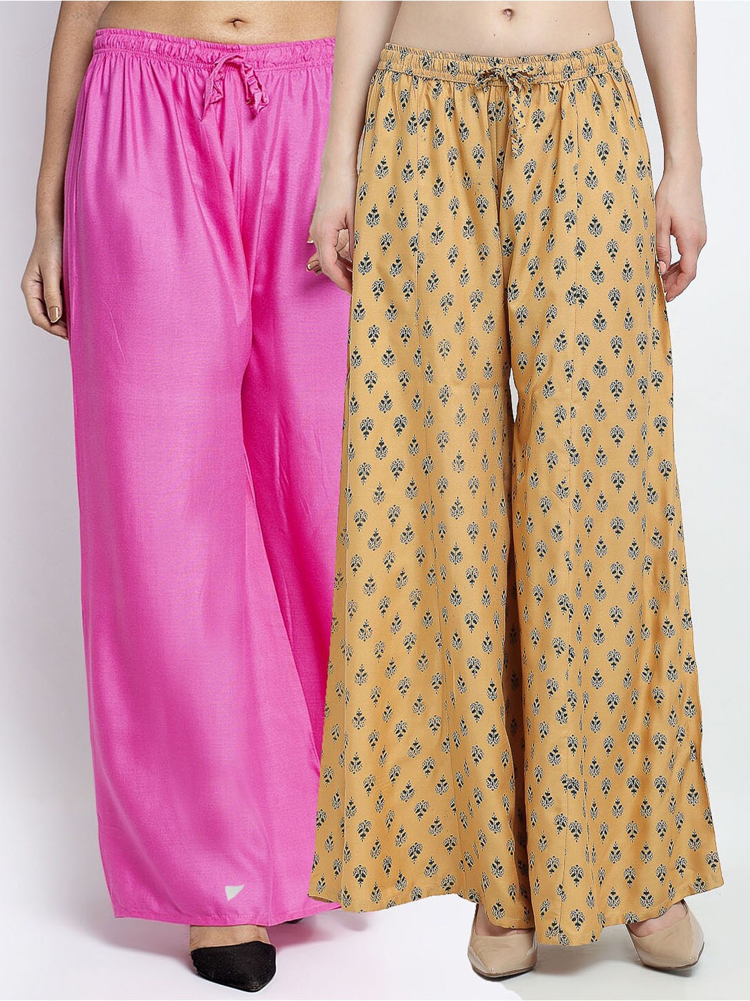 

GRACIT Women Pack Of 2 Pink & Beige Printed Flared Knitted Ethnic Palazzos