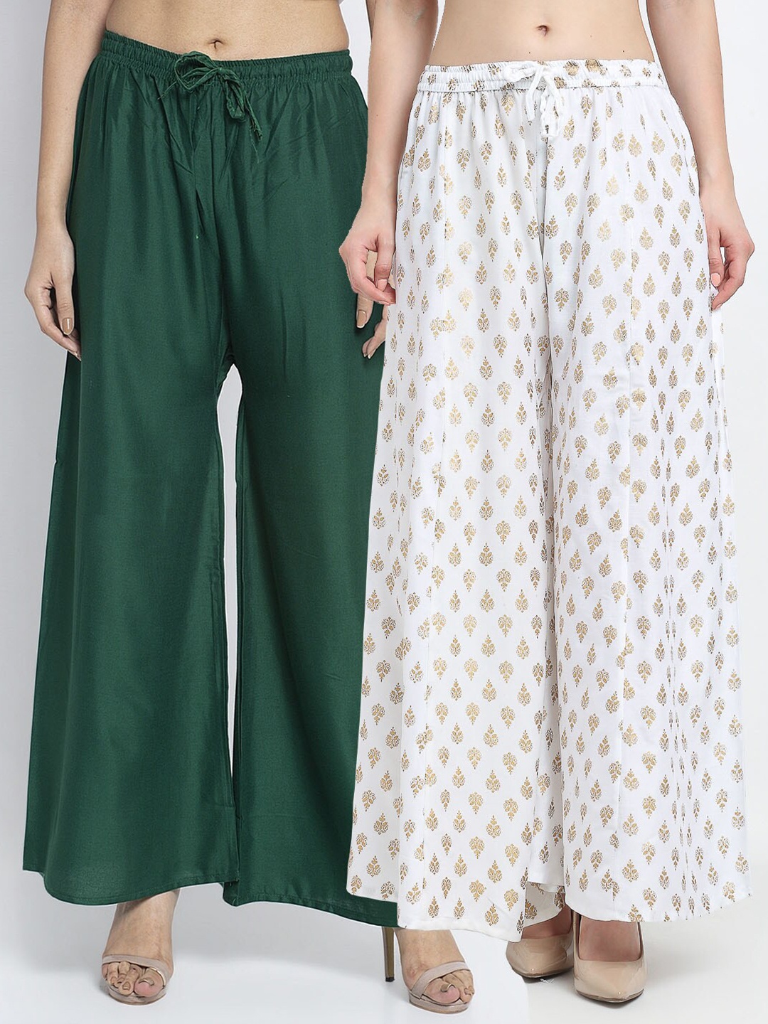 

GRACIT Women Pack of 2 Ethnic Motifs Printed Flared Ethnic Palazzos, Green