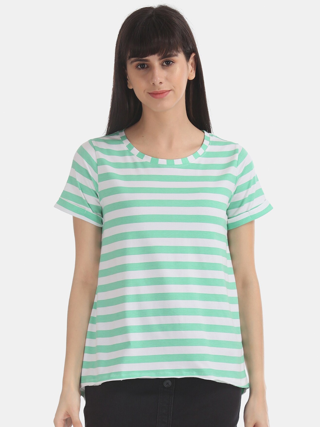 

Cherokee Women Green Striped T-shirt