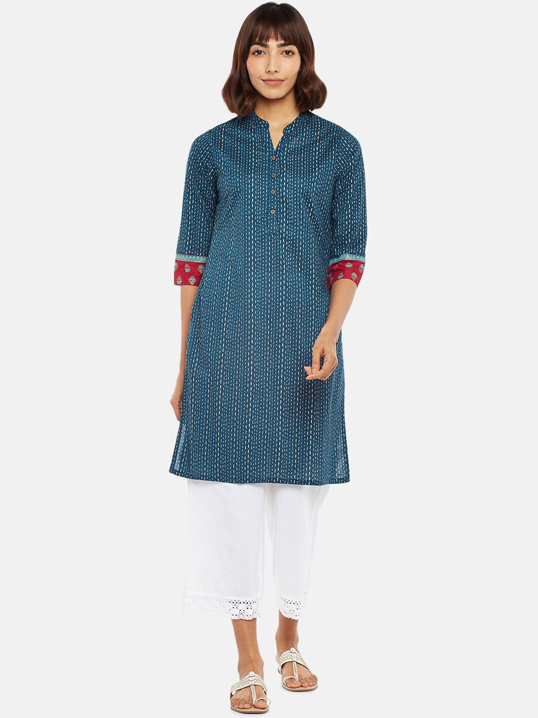 

RANGMANCH BY PANTALOONS Women Blue & White Striped Pure Cotton Kurta