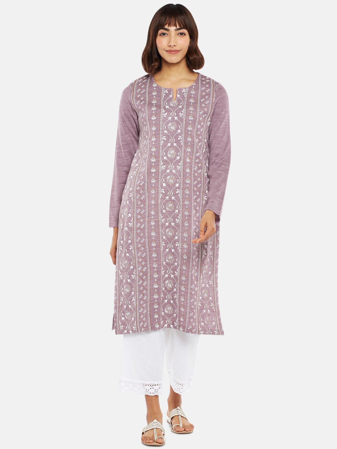 

RANGMANCH BY PANTALOONS Women Mauve & White Ethnic Motifs Acrylic Kurta
