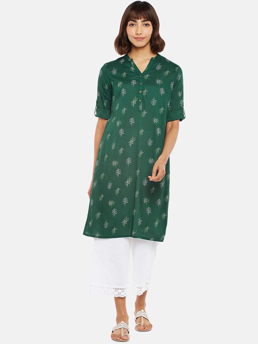 

RANGMANCH BY PANTALOONS Women Green Quirky Printed Thread Work Kurta