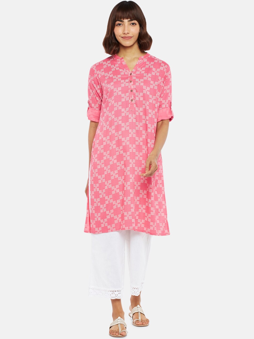 

RANGMANCH BY PANTALOONS Women Pink Geometric Checked Thread Work Kurta