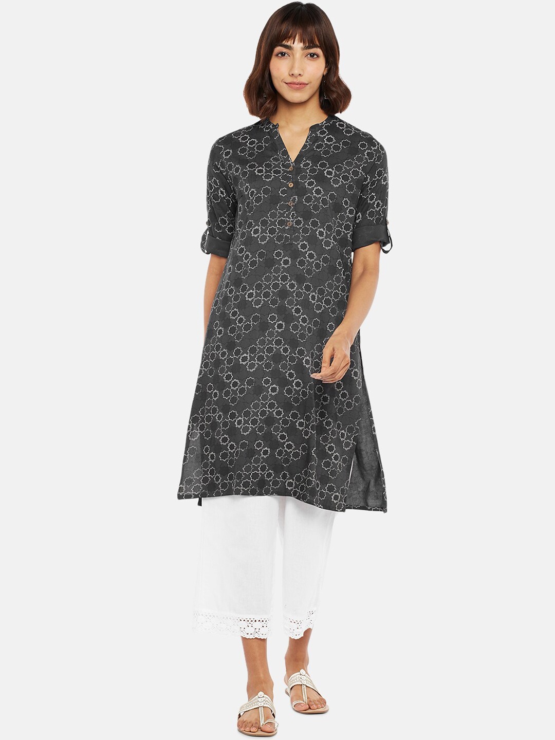 

RANGMANCH BY PANTALOONS Women Charcoal Printed Thread Work Kurta