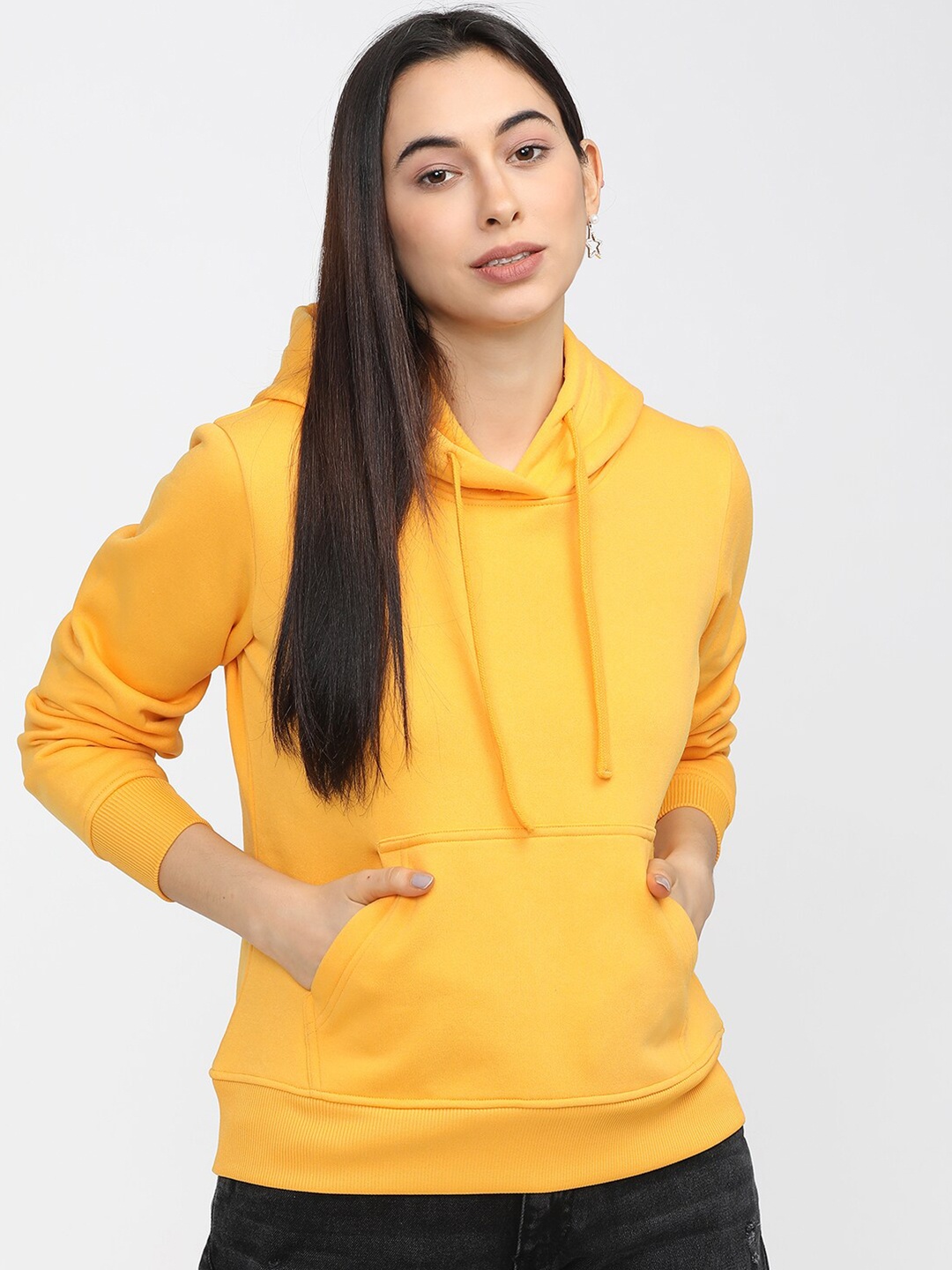 

Tokyo Talkies Women Yellow Solid Hooded Sweatshirt