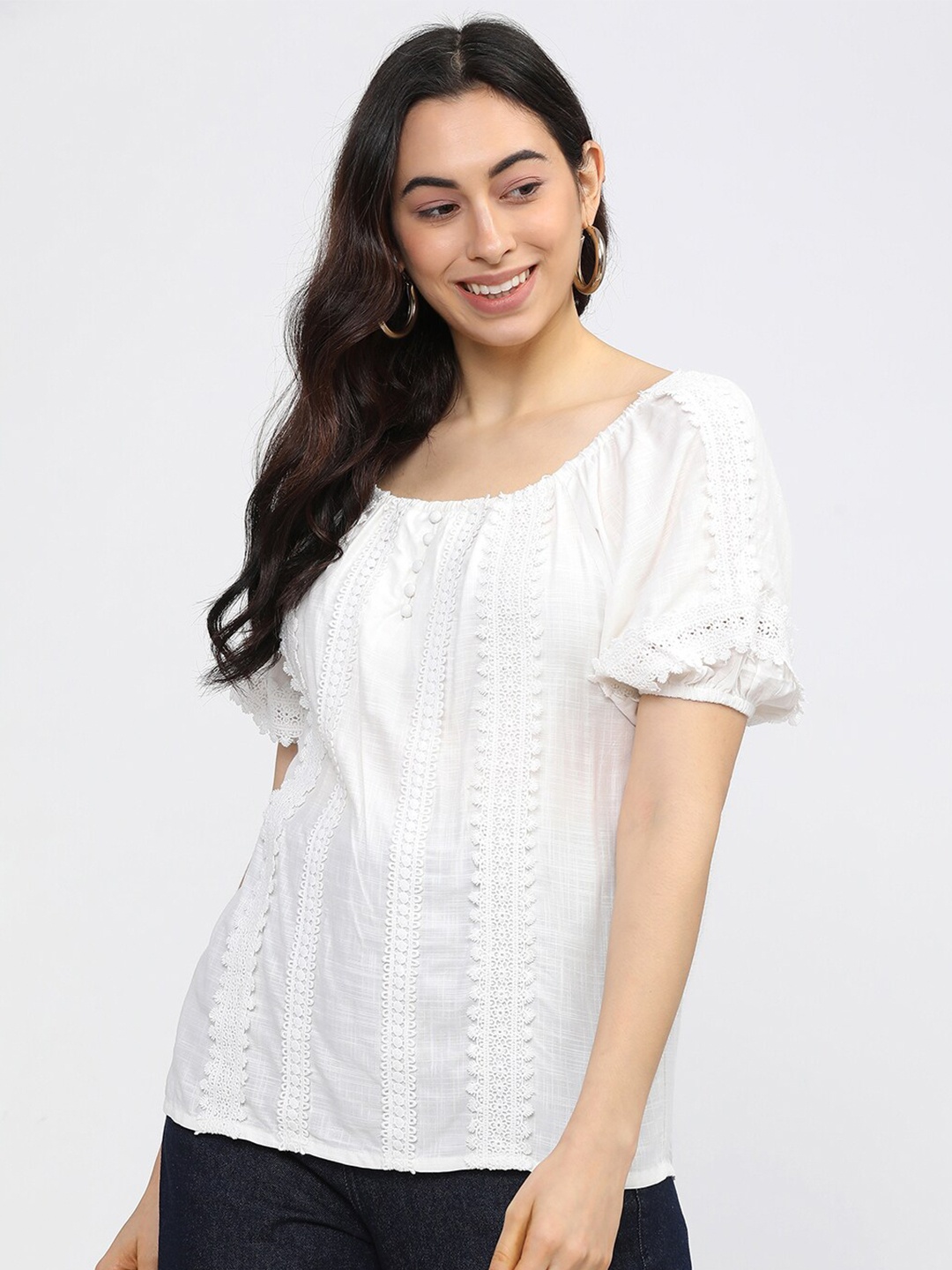 

Tokyo Talkies Off White Lace Inserts Cotton Top