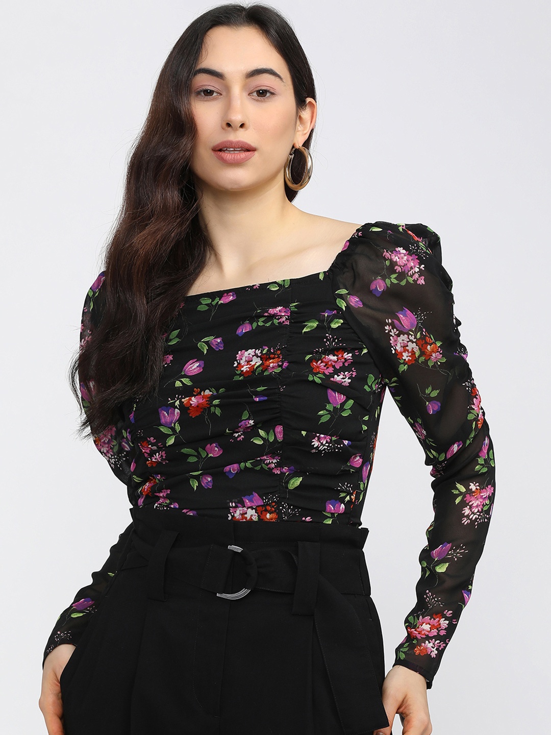 

Tokyo Talkies Black & Pink Floral Print Ruched Crop Top