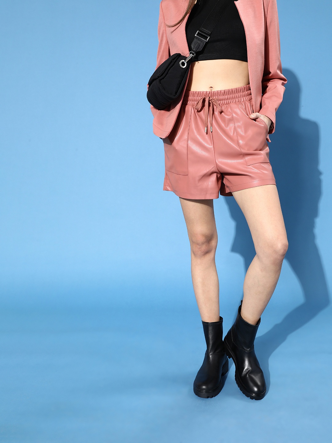 

Tokyo Talkies Women Rose Gold-Coloured High-Rise Faux Leather Hot Pants Shorts