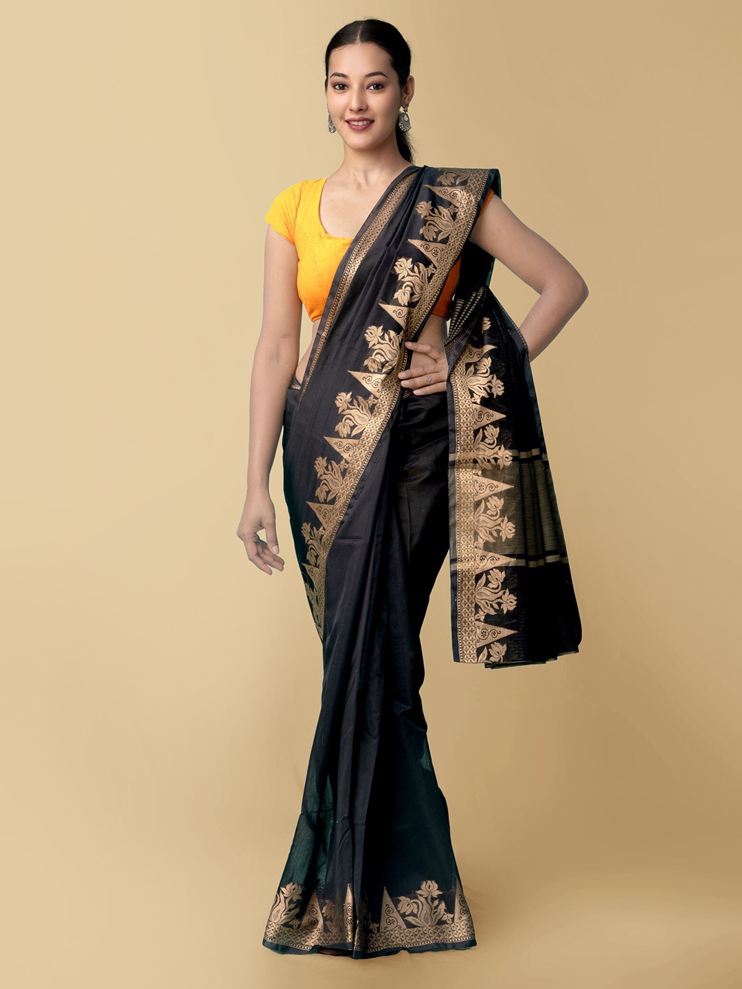 

Unnati Silks Black & Copper-Toned Silk Cotton Baluchari Saree