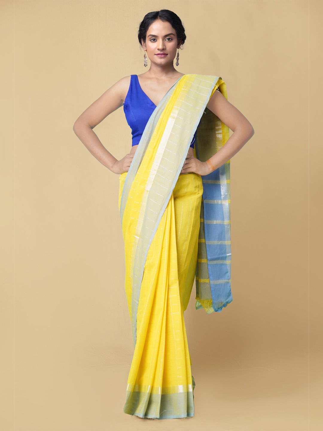 

Unnati Silks Yellow & Blue Woven Design Pure Handloom Sustainable Pavani Mangalagiri Cotton Saree