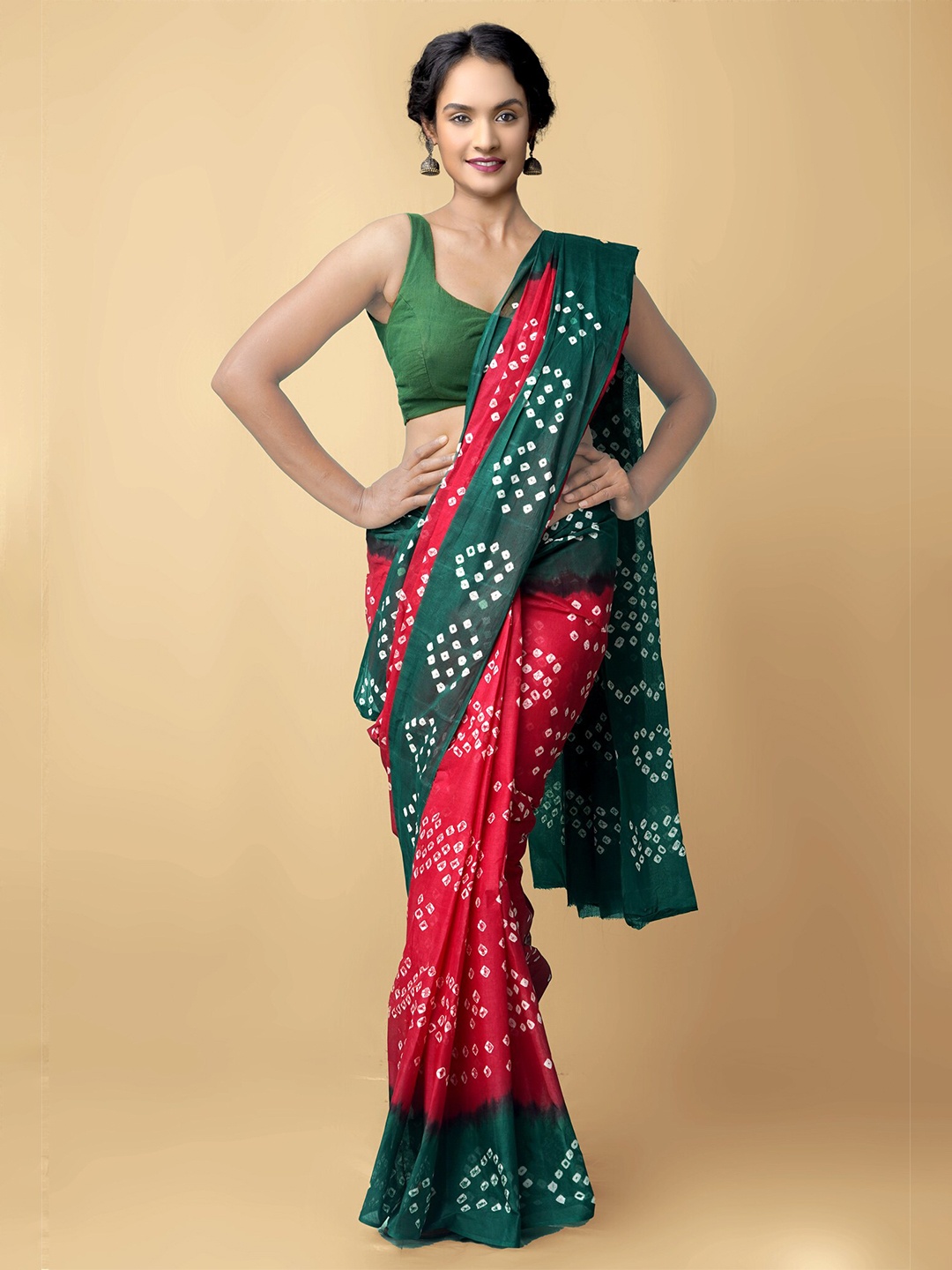 

Unnati Silks Maroon & Green Tie and Dye Pure Handloom Sustainable Bandhani Cotton Saree