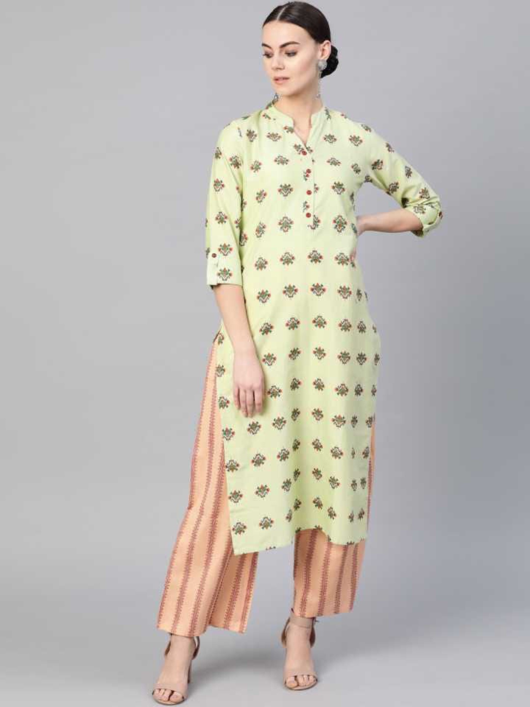 

Yuris Women Green Ethnic Motifs Printed Panelled Pure Cotton Kurta with Trousers