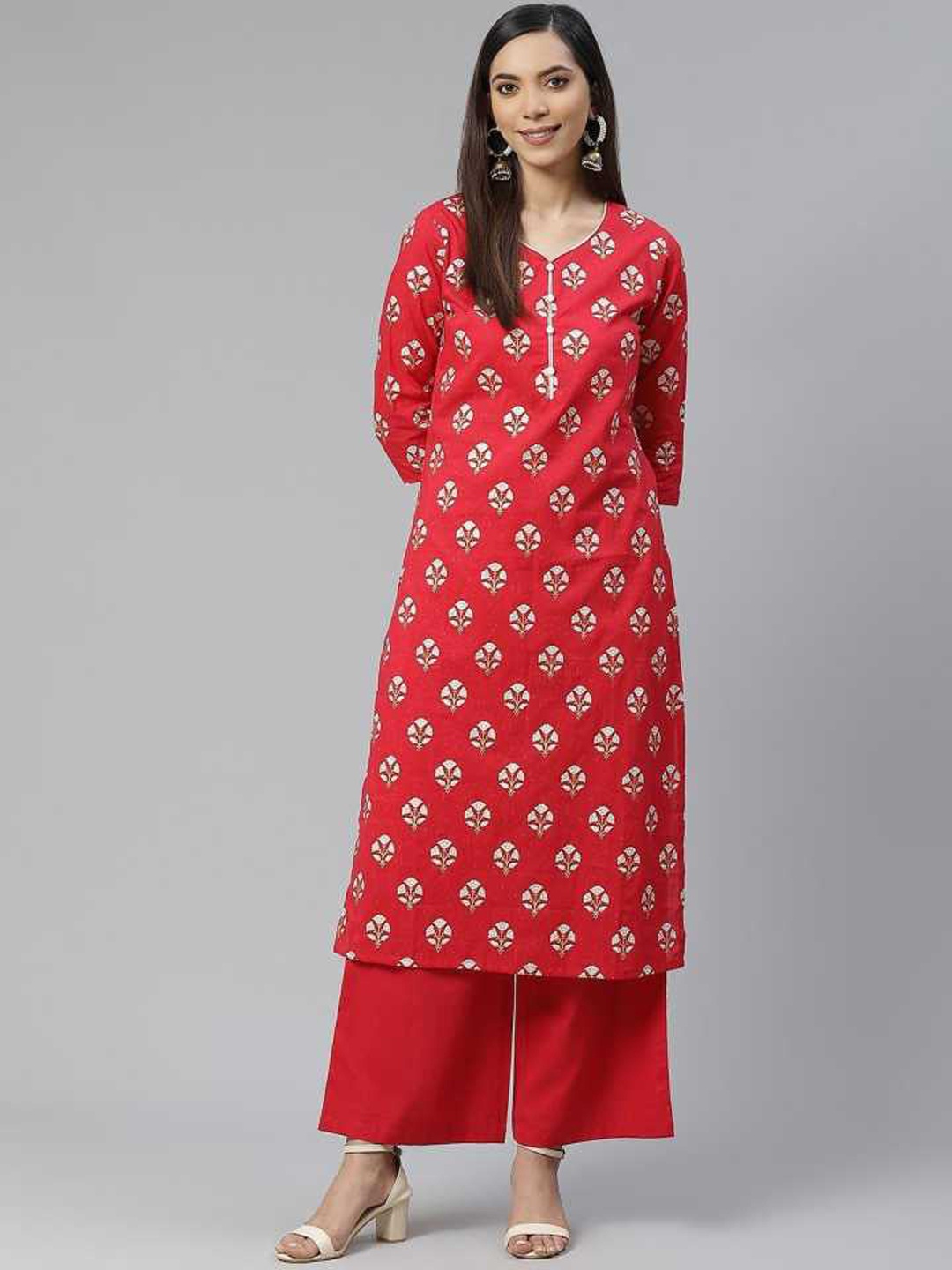 

Yuris Women Red Printed Regular Pure Cotton Kurta with Palazzos