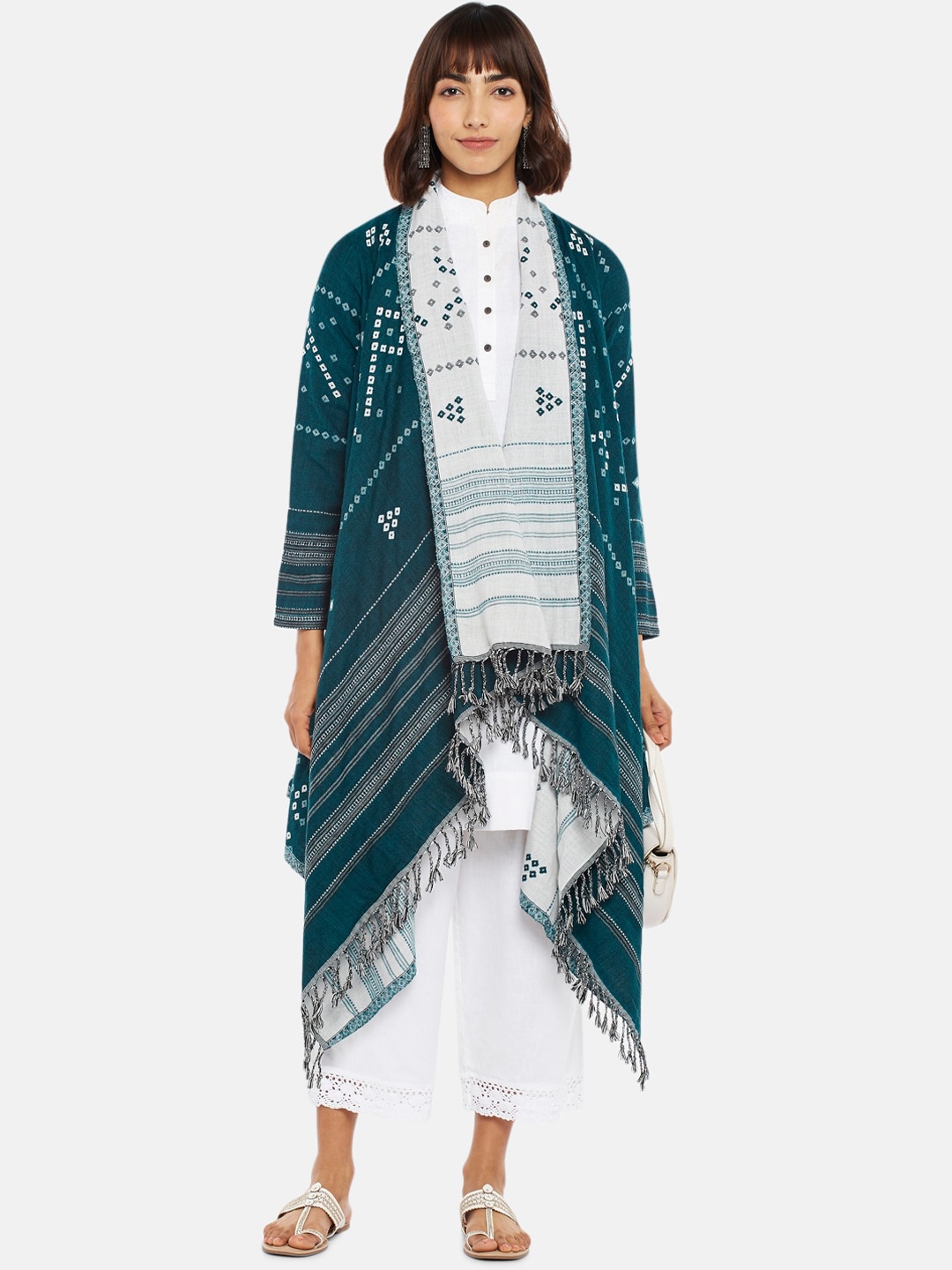 

RANGMANCH BY PANTALOONS Women Teal White Geometric Acrylic Longline Open Front Jacket