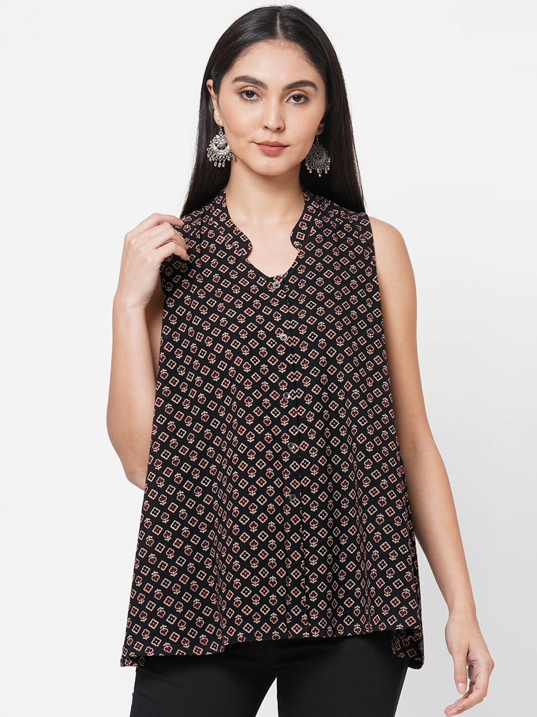 

KAMI KUBI Black Geometric Mandarin Collar Regular Longline Top