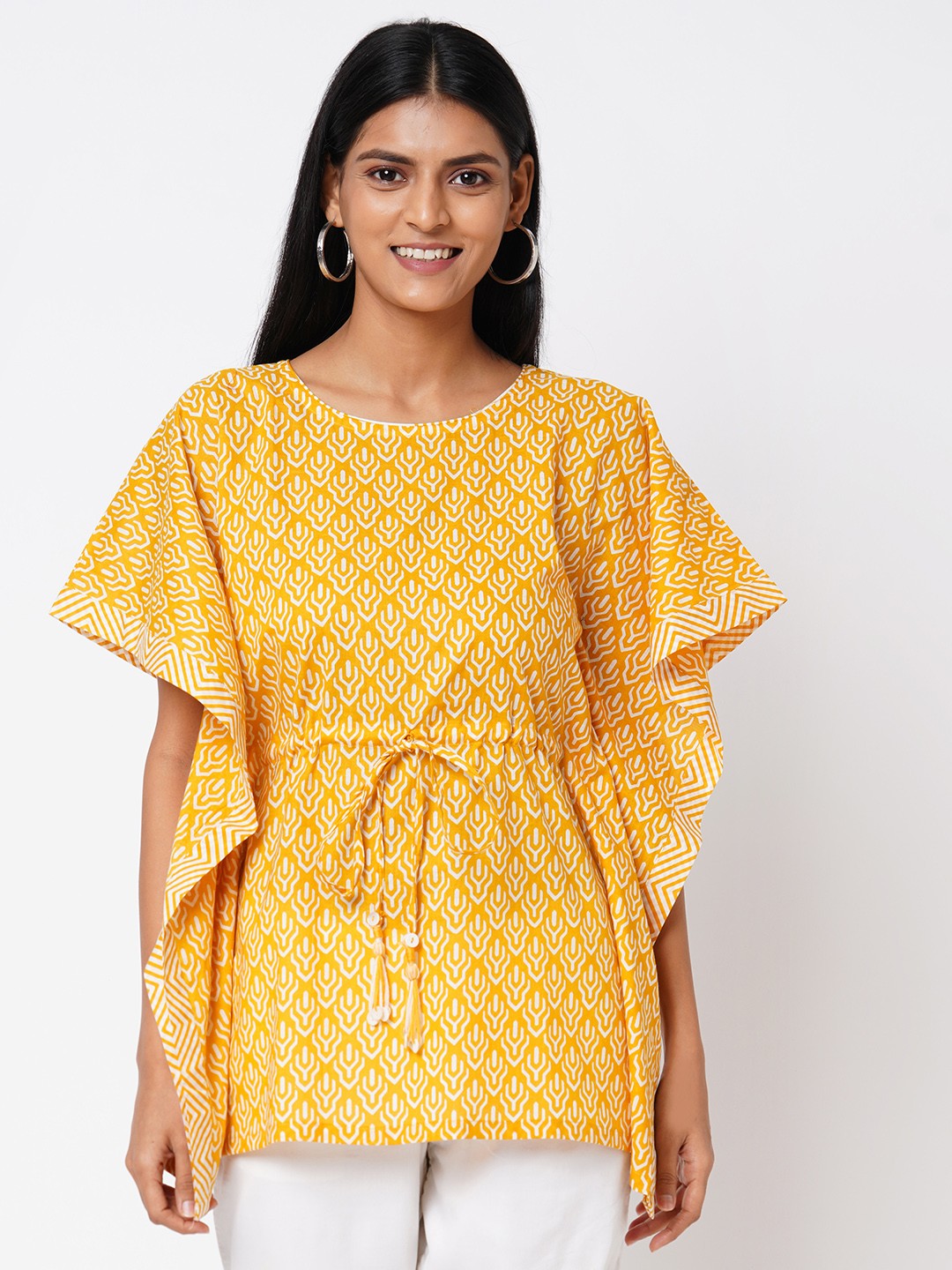 

KAMI KUBI Yellow Geometric Print Kaftan Top