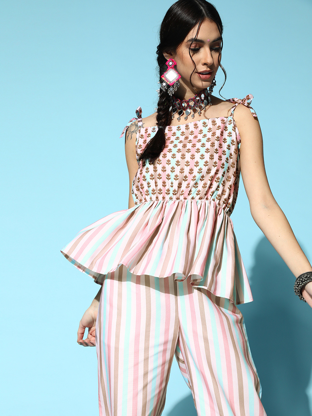 

Sangria Striped Viscose Rayon Ethnic Motifs Kurta Set, Pink