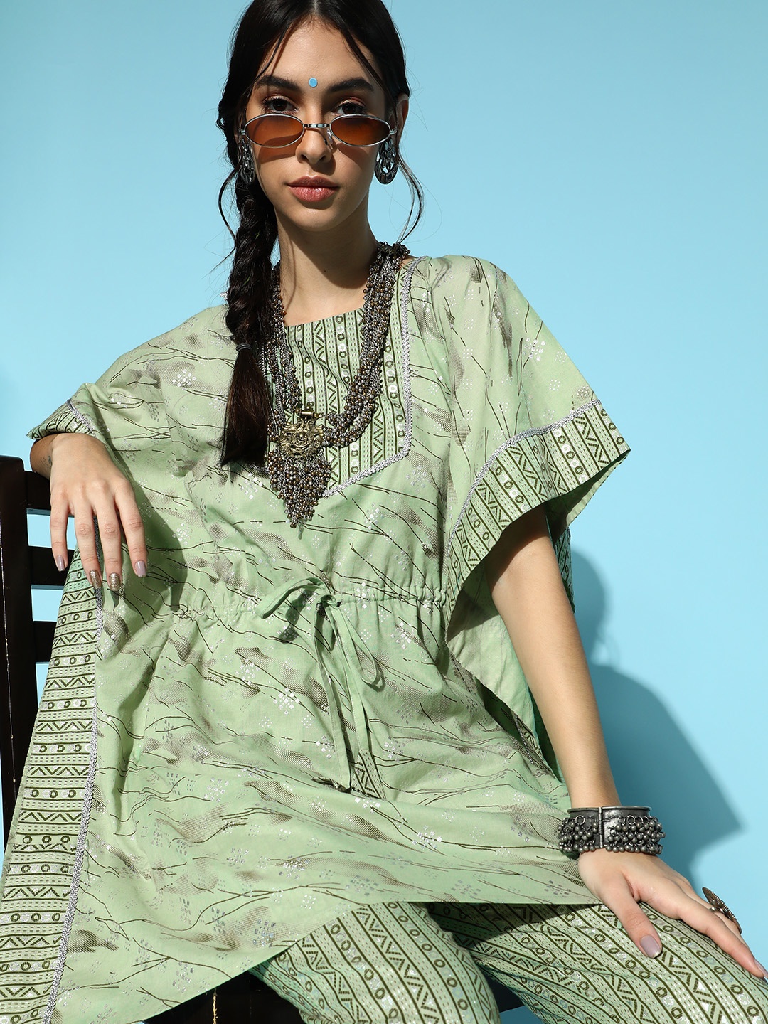 ZIYAA Geometric Pure Cotton Kaftan Kurta Set, Green