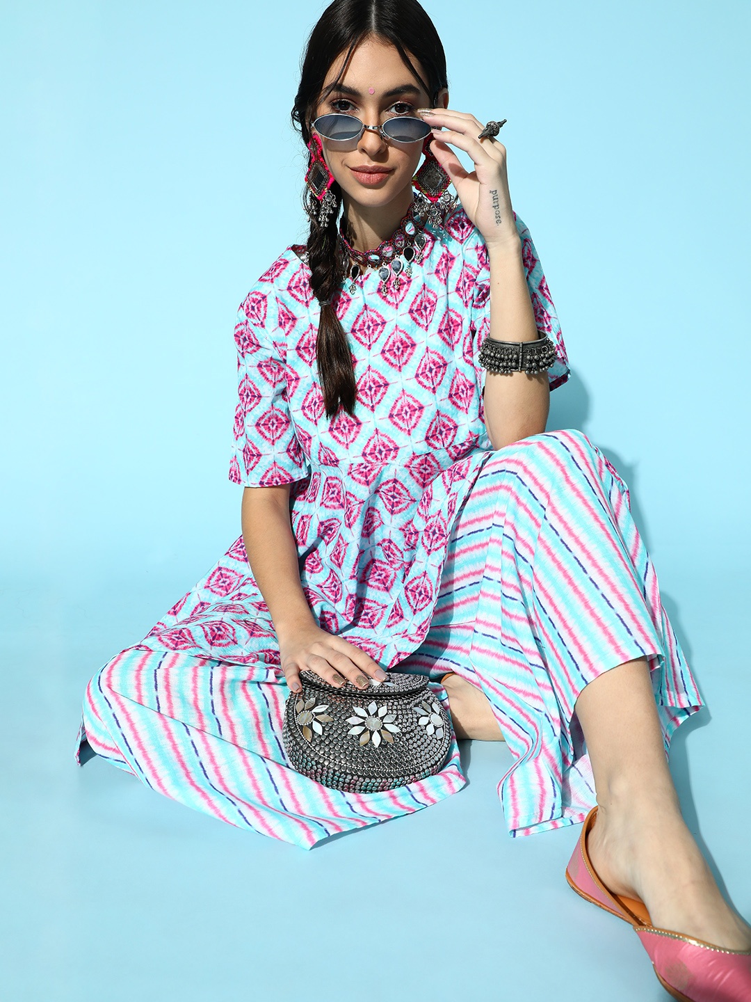 

Sangria Ethnic Motifs Pure Cotton Short Kurti with Flared Pants, Blue
