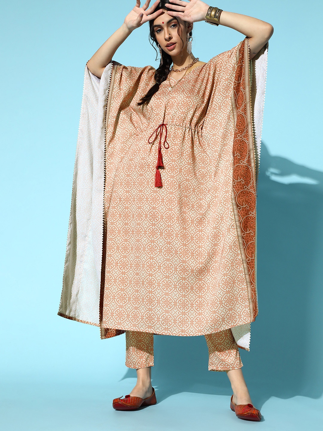 Sangria Bandhani Art Silk Kaftan Kurta Set, Beige