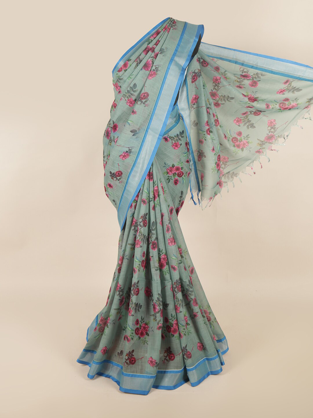 

Pothys Green & Pink Floral Zari Silk Cotton Saree