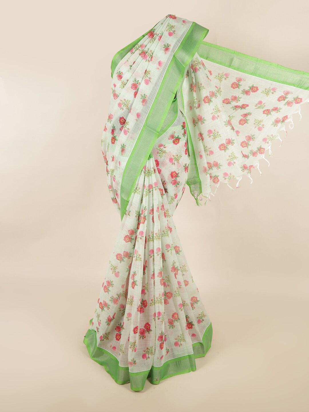

Pothys Green & White Floral Silk Cotton Saree
