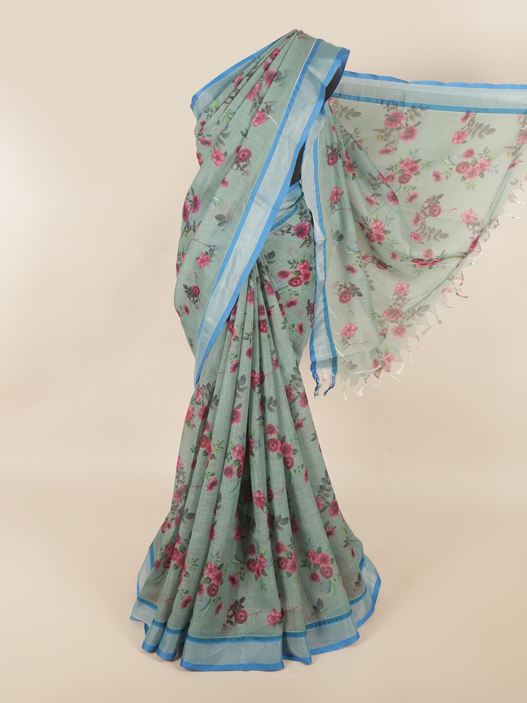 

Pothys Green Floral Printed Silk Cotton Saree