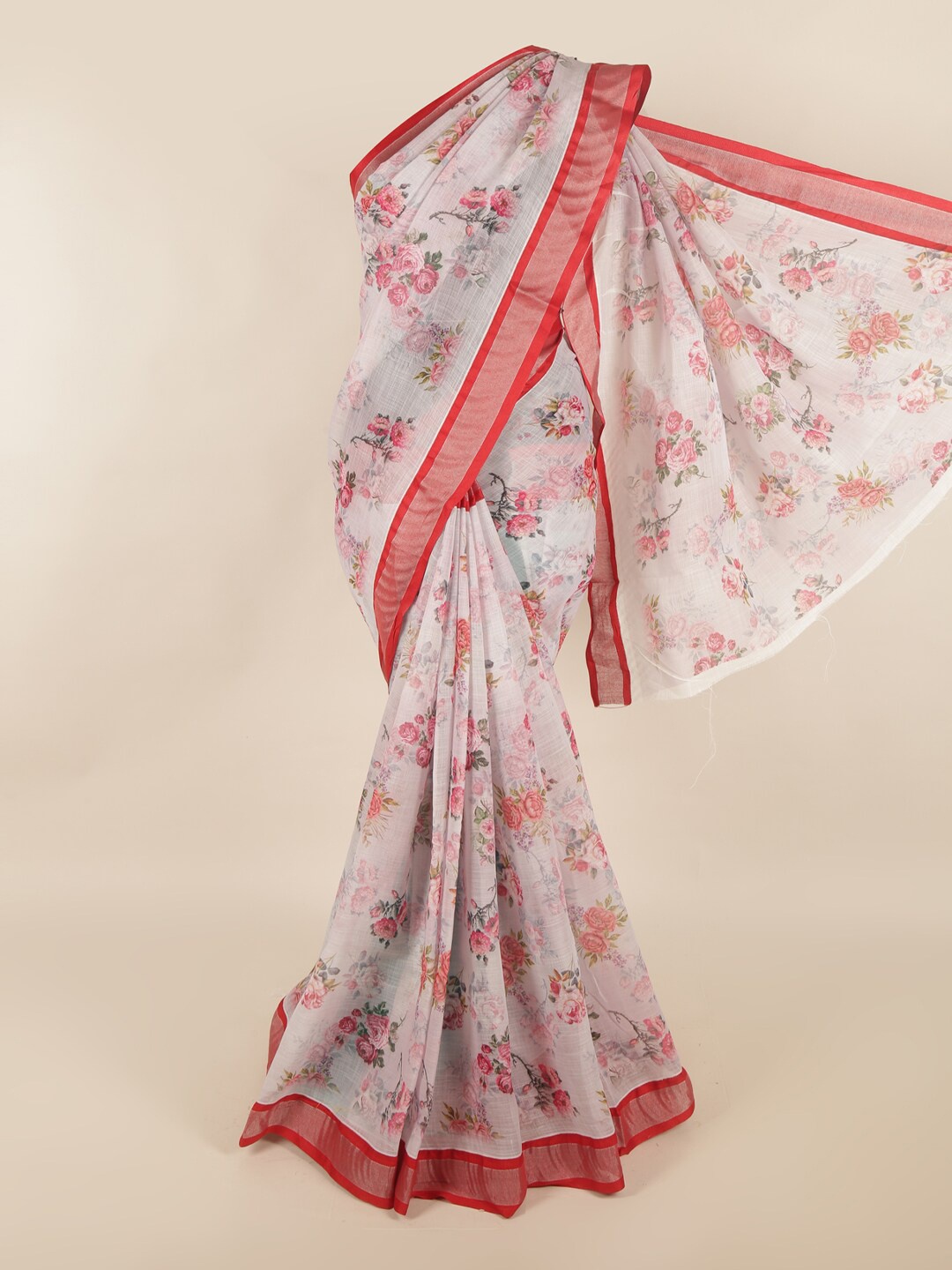

Pothys Pink & White Floral Zari Silk Cotton Saree