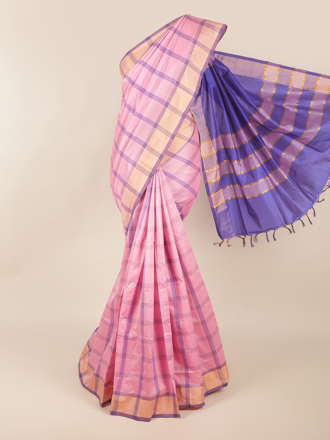 

Pothys Pink & Blue Checked Zari Silk Cotton Saree