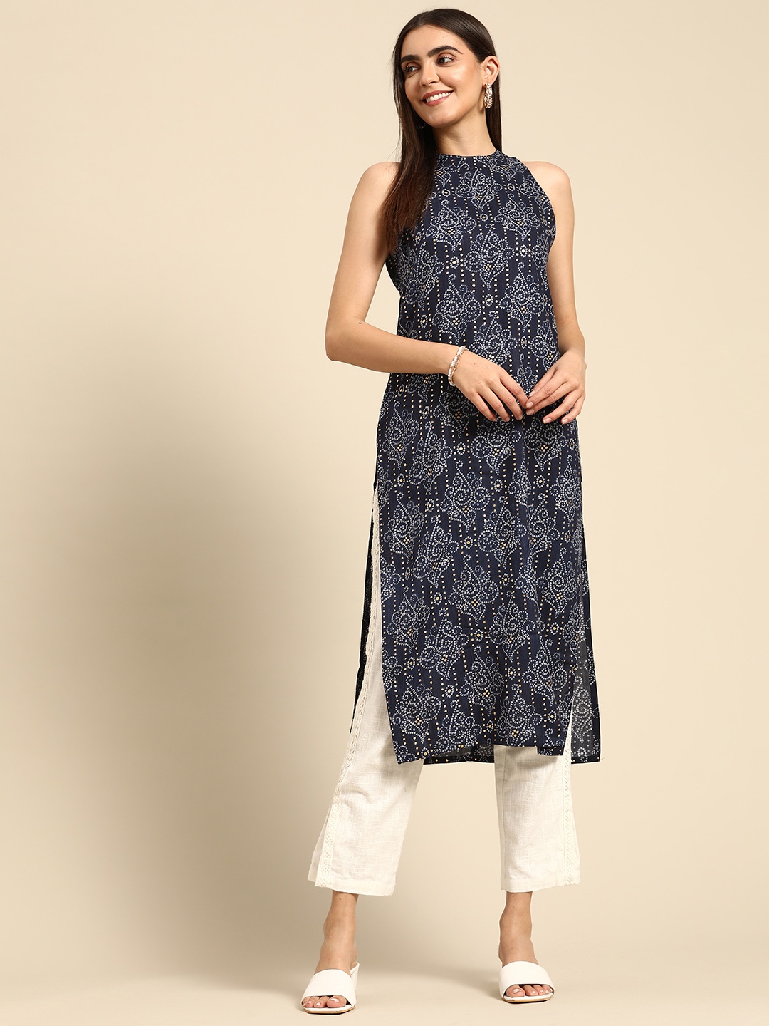 

Anouk Women Navy Blue & White Bandhani Prints Thread Work Kurta