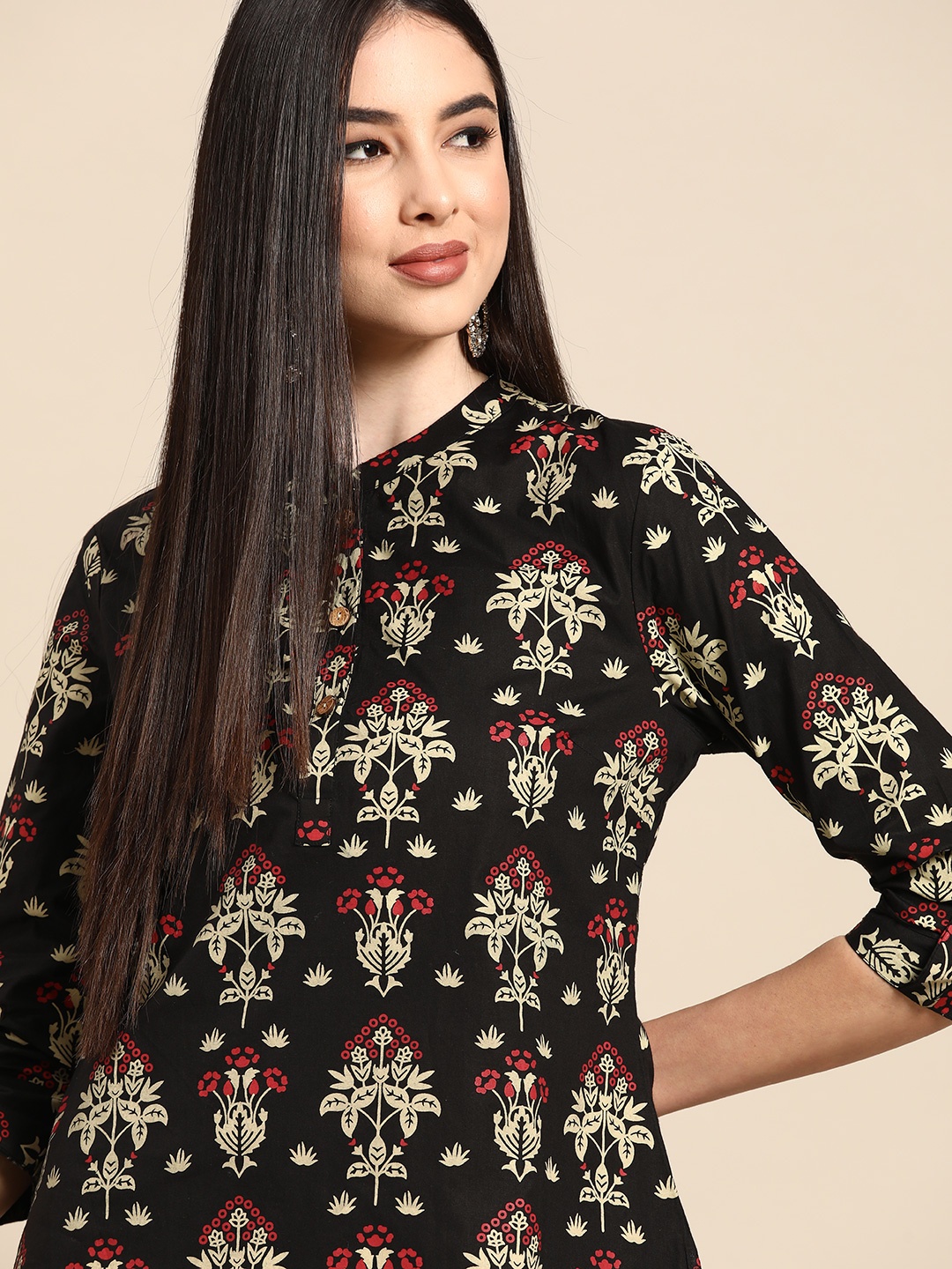 

Anouk Women Black & Beige Cotton Ethnic Motifs Block Print Kurta