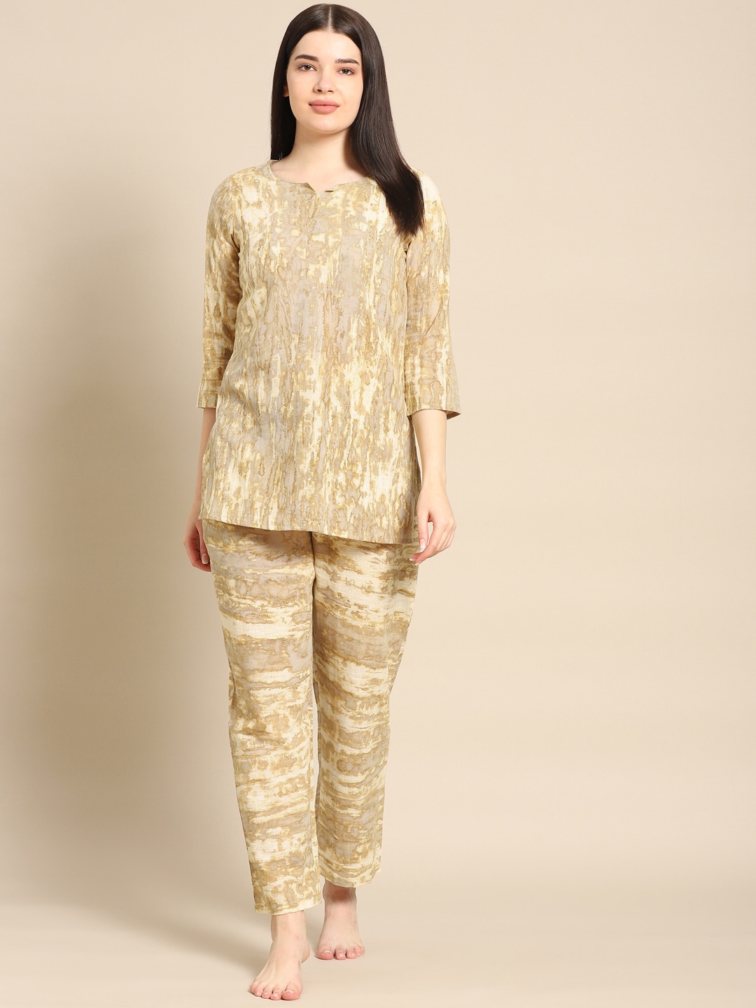 

Prakrti Women Mustard Yellow Pure Cotton Tie and Dye Night suit
