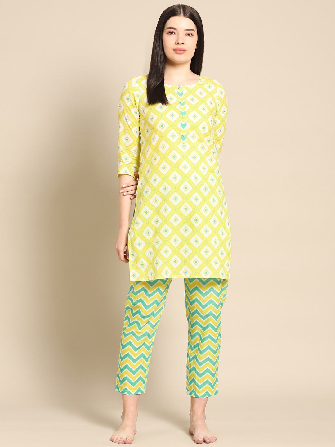 

Prakrti Women Yellow & Green Pure Cotton Printed Night suit