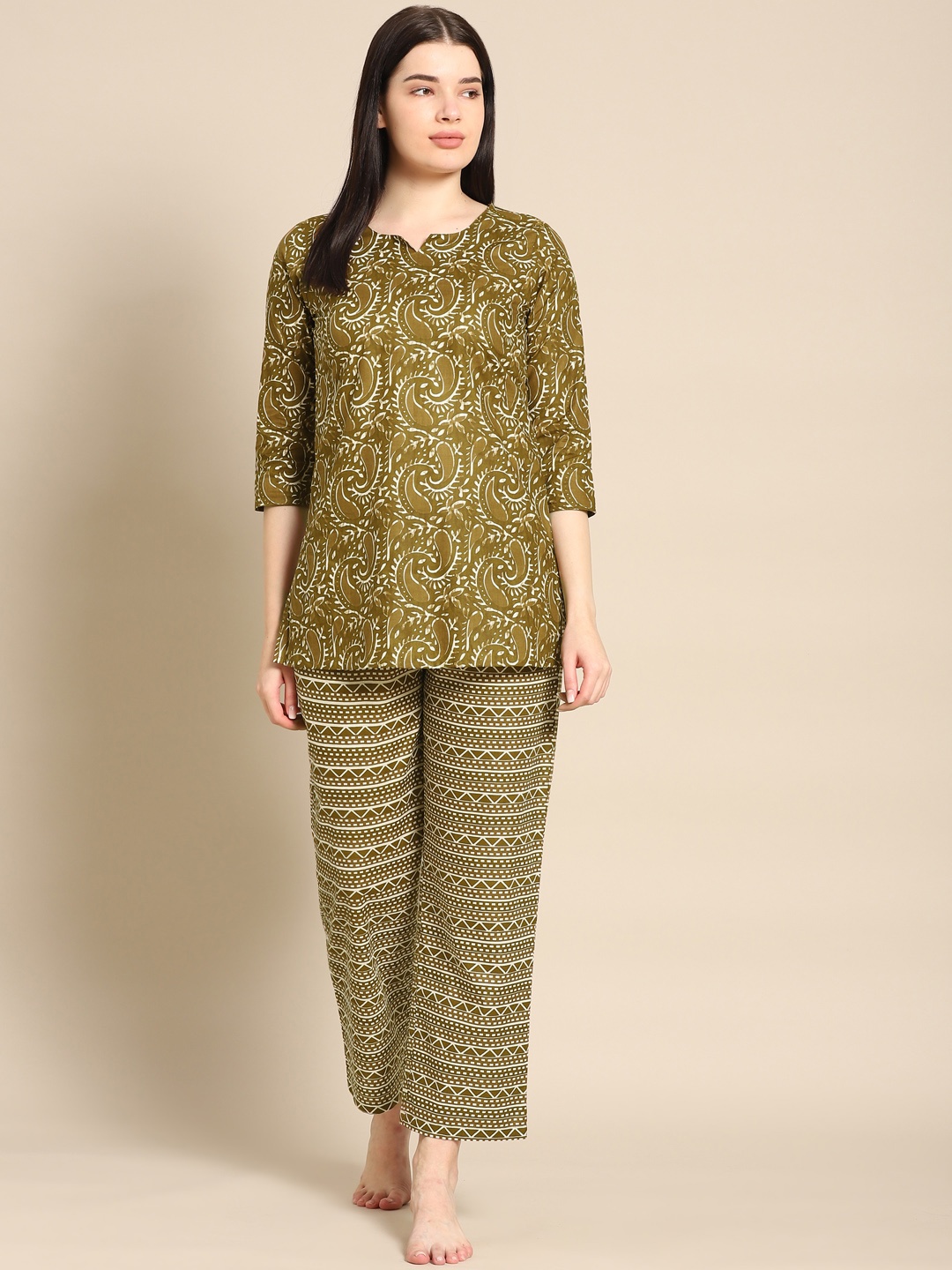 

Prakrti Women Olive Green & White Printed Pure Cotton Night suit