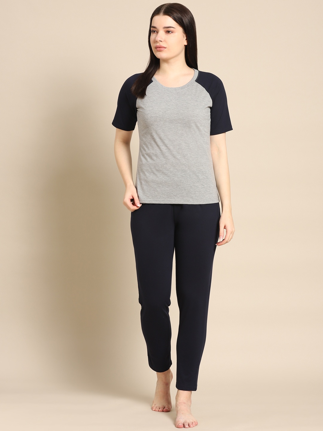 

Prakrti Women Grey Melange & Navy Blue Solid Night suit