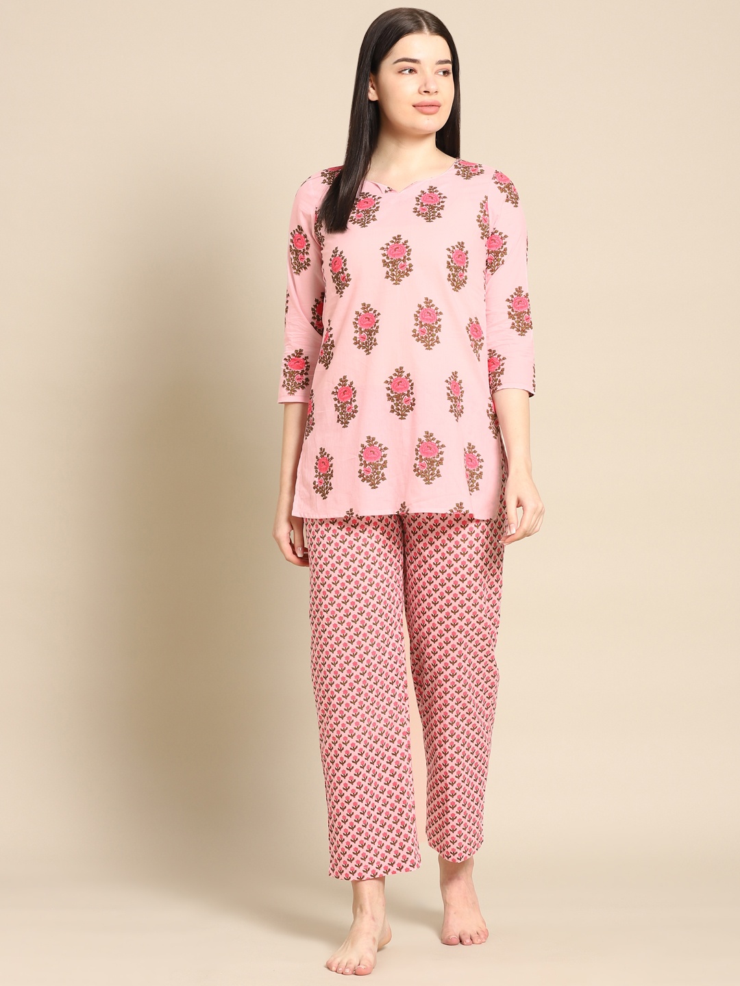 

Prakrti Women Pink & Olive Green Pure Cotton Printed Night suit