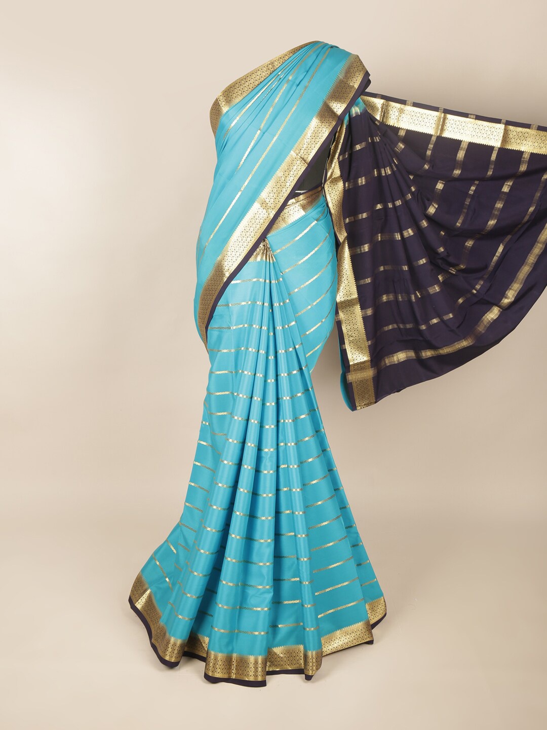 

Pothys Blue & Gold-Toned Striped Zari Art Silk Saree
