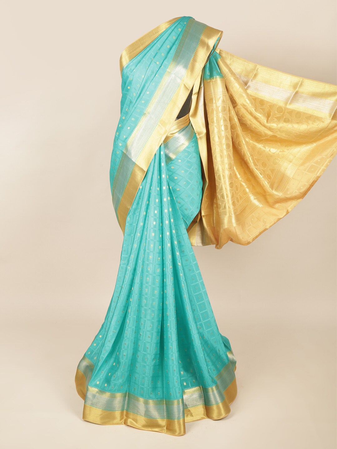 

Pothys Blue & Gold-Toned Floral Art Silk Saree