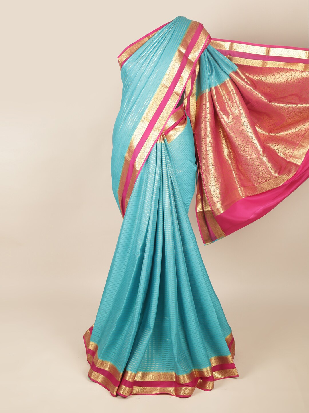 

Pothys Blue & Fuchsia Checked Art Silk Saree