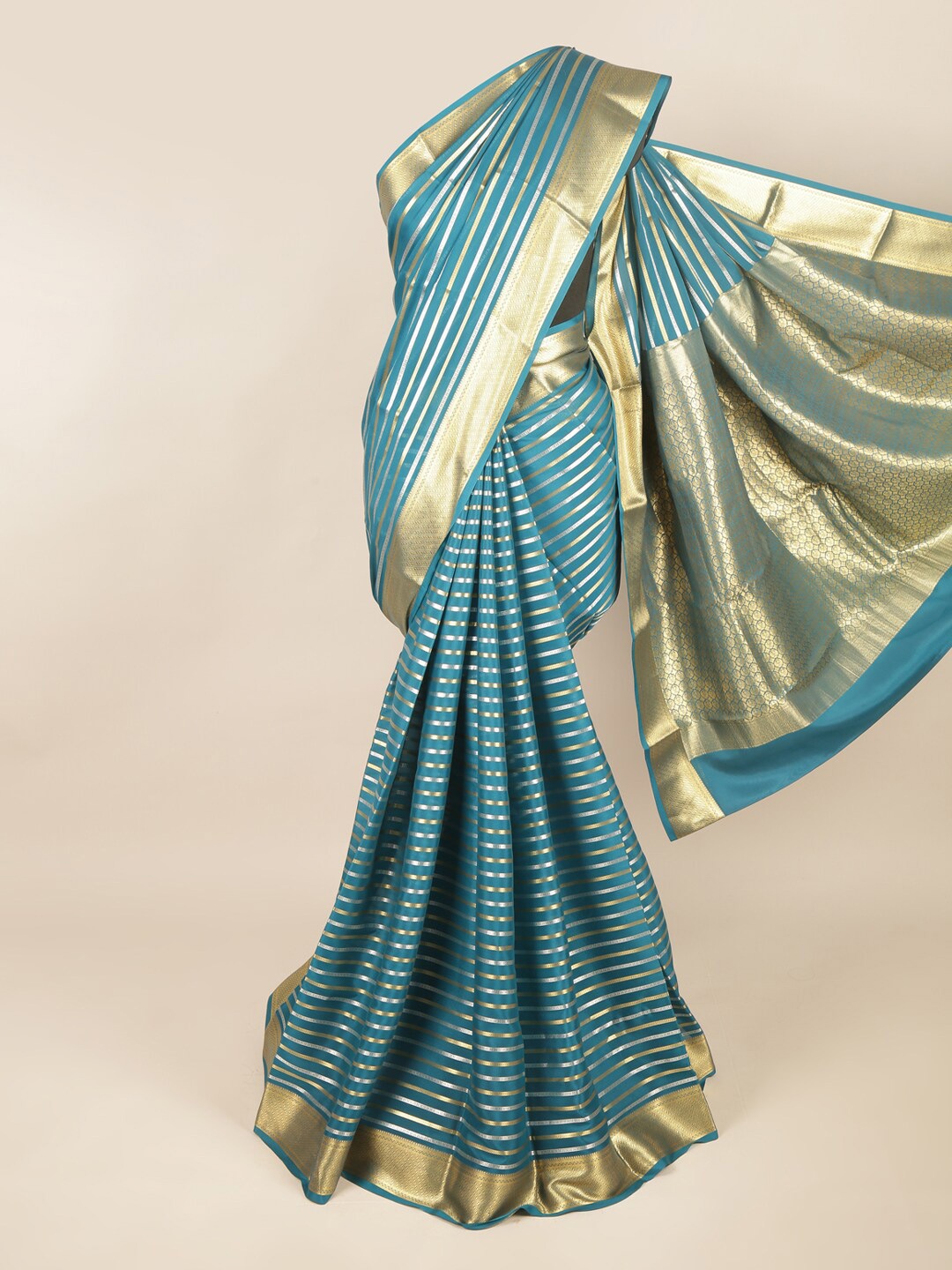 

Pothys Blue & Gold-Toned Striped Zari Art Silk Saree